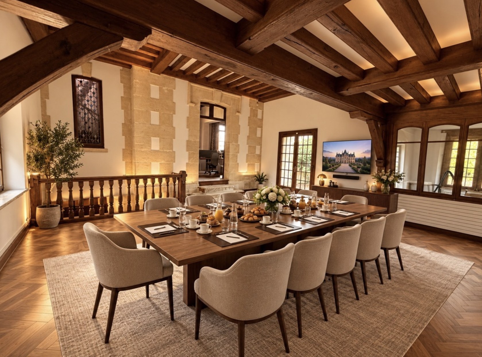 Le Pavillon dressé pour un petit-déjeuner : grande table en bois, fauteuils lin, poutres apparentes et pierre de taille
